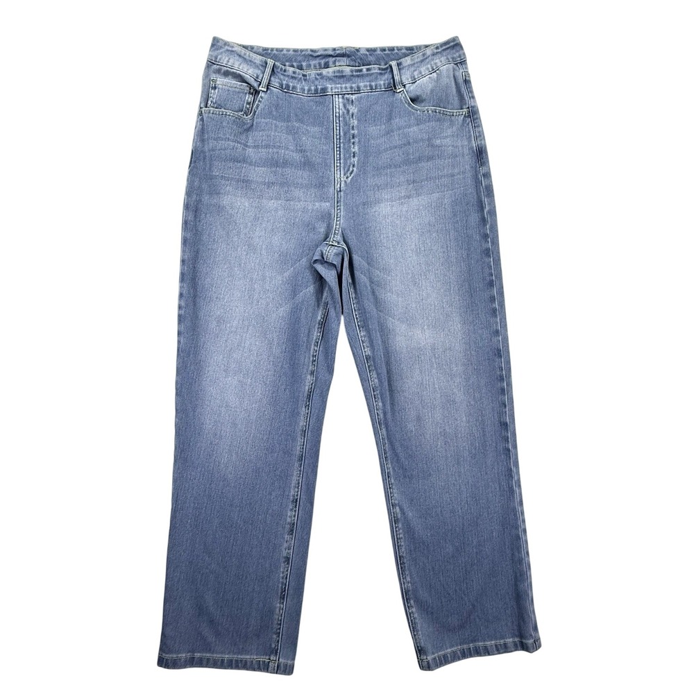 Halara Flex Pull On Cropped Jeans Sz XL Blue Straight Leg Relaxed High Rise Boho